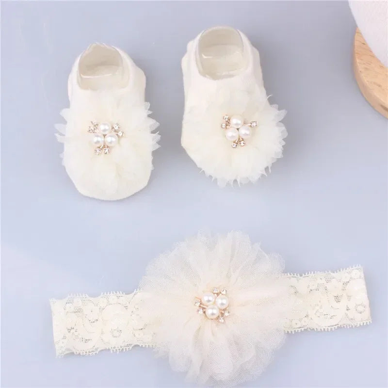 Lovely Pearl Bows Baby Headband Socks Set Non-Slip Cotton Sock Lace Flower Newborn Hair Band Turban Girl Hair Accessories