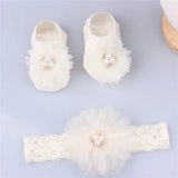 Lovely Pearl Bows Baby Headband Socks Set Non-Slip Cotton Sock Lace Flower Newborn Hair Band Turban Girl Hair Accessories