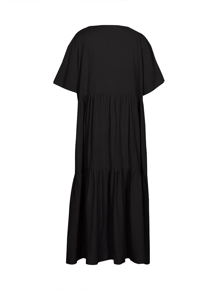 Plus Size 2025 Summer New V-neck Short Sleeve Pleated Solid Colour Loose Casual Midi Dress Basic Hem Pleated