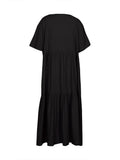 Plus Size 2025 Summer New V-neck Short Sleeve Pleated Solid Colour Loose Casual Midi Dress Basic Hem Pleated