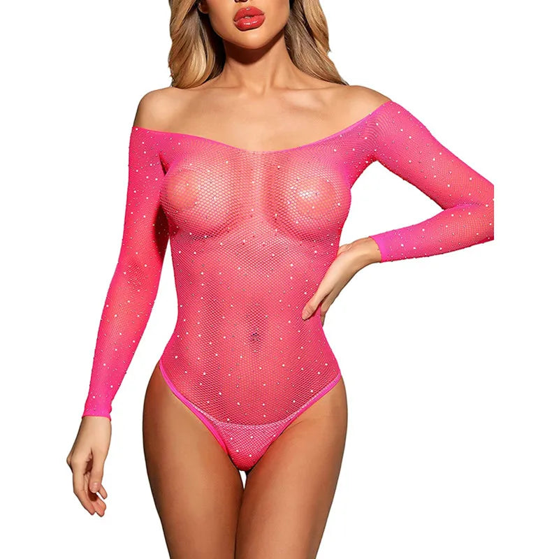 2022 Elegant Women Sexy Bodysuit Black Romper Night Party Sequins Long Sleeves Top Rhinestones Perspective Erotica Body Jumpsuit