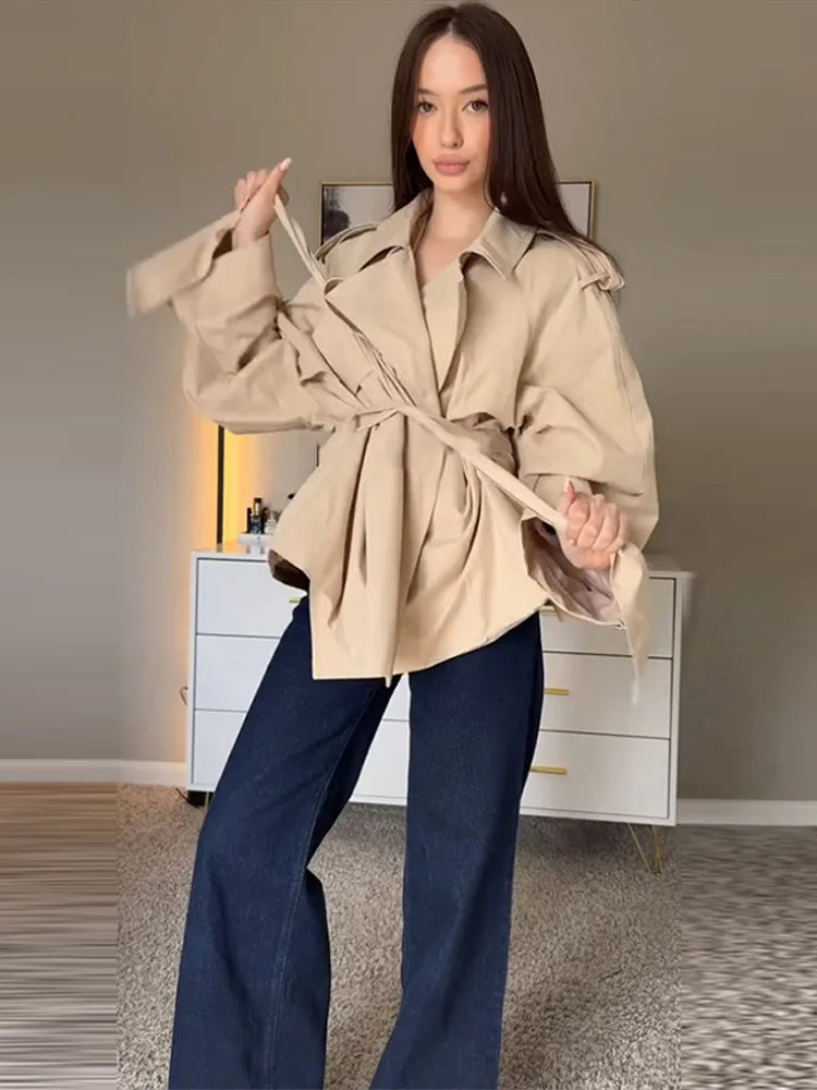 Casual Office Women's Bomber Jacket Chic Lace Up Lapel Collar Full Sleeve Female Coat Spring New Office Lady Outerwear Commuting