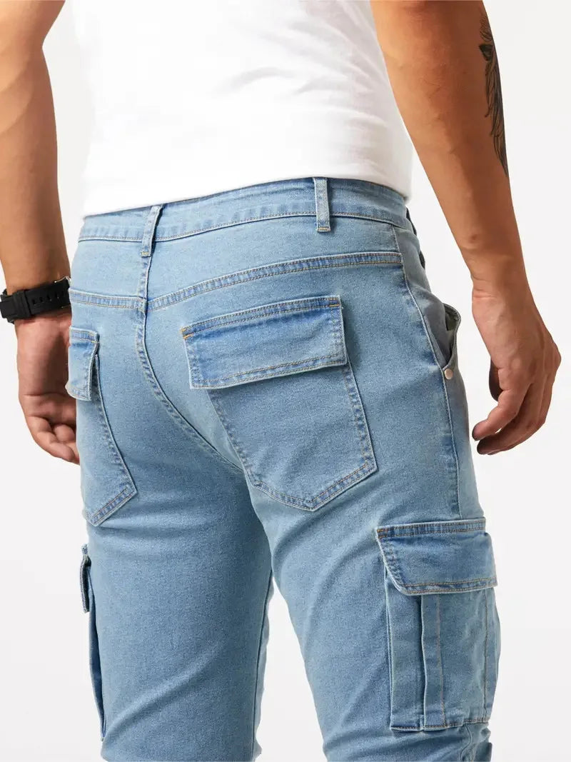 Street men's denim work pants washed solid color multi pocket casual mid waist pants slim fit daily wear jogging pants