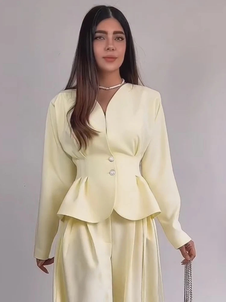 Solid Yellow Pant 2 Piece Set Women's Full Sleeves Buttons Waist-cinching Coats Wide-leg Trousers 2026 New Ladies Autumn Outfit