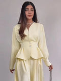 Solid Yellow Pant 2 Piece Set Women's Full Sleeves Buttons Waist-cinching Coats Wide-leg Trousers 2026 New Ladies Autumn Outfit
