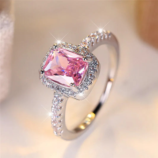 Anillo de lujo con circonita cuadrada rosa y cristal grande para mujer, color plata, joyería de boda para mujer