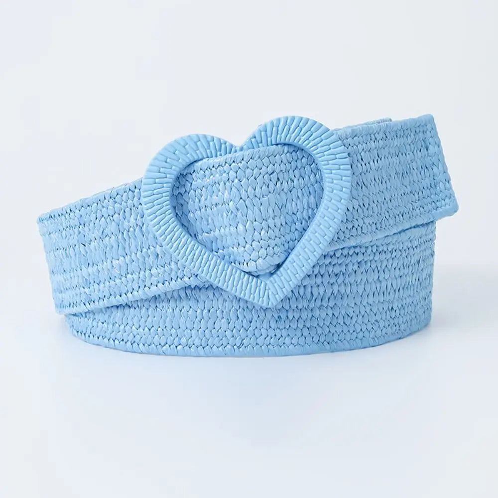 Straw Woven Waist Belt Summer Love Heart Buckle Candy Color Waistband Dress Decoration 4cm Wide Braided Belt