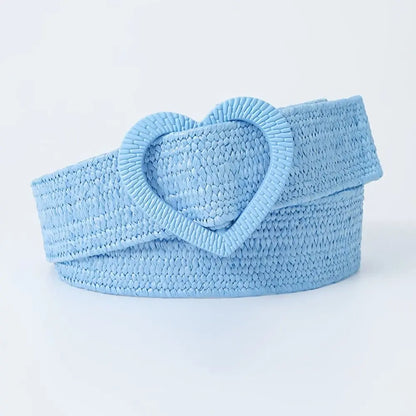Straw Woven Waist Belt Summer Love Heart Buckle Candy Color Waistband Dress Decoration 4cm Wide Braided Belt
