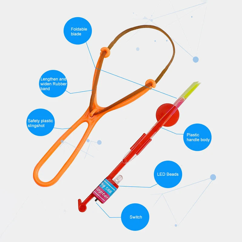 Increíble juguete luminoso, flecha LED, juguetes para fiestas al aire libre, divertido regalo, banda elástica, catapulta que brilla en la oscuridad, cohete, helicóptero, juguete volador.