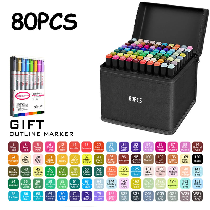 24/36/48/60/80/120/168 Colors Double Tip Permanent Art Marker pens for Drawing Painting Sketching Comics Design School Supplies