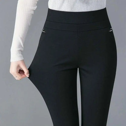 Mother Spring Pants High Waist Casual Stretch Pockets Solid Color Match Top Slim Fit Plus Size Pencil Pants Women Clothing