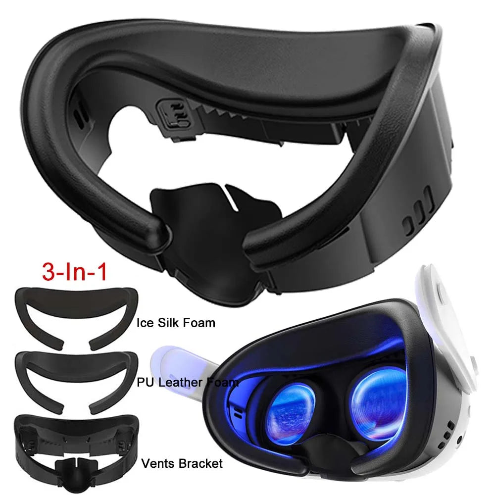 For Meta Quest 3 Face Mask Cover AMVR Upgraded 3-in-1 Facial Interface PU Leather Ice Silk Fabric / Replacement Foam Pad