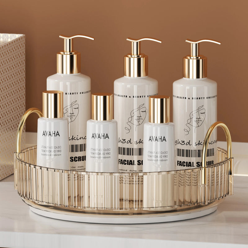 Organizador de maquillaje giratorio para tocador, organizador de 3 niveles para el cuidado de la piel, gran espacio de almacenamiento para encimera de baño, soporte transparente para cosméticos, tocador