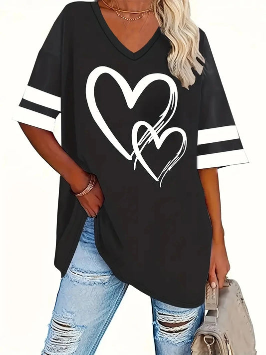 Camiseta informal de manga corta con estampado de corazones y rayas, talla grande 2024, para primavera y verano, ropa de talla grande para mujer 