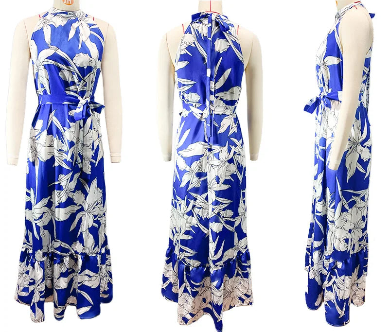 Vestido de verano para mujer, nuevo, sexy, sin mangas, con cuello colgante y cordones en la cintura, falda a la moda con estampado de hojas de loto, largo hasta el suelo.