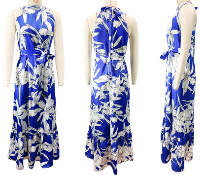 Vestido de verano para mujer, nuevo, sexy, sin mangas, con cuello colgante y cordones en la cintura, falda a la moda con estampado de hojas de loto, largo hasta el suelo.