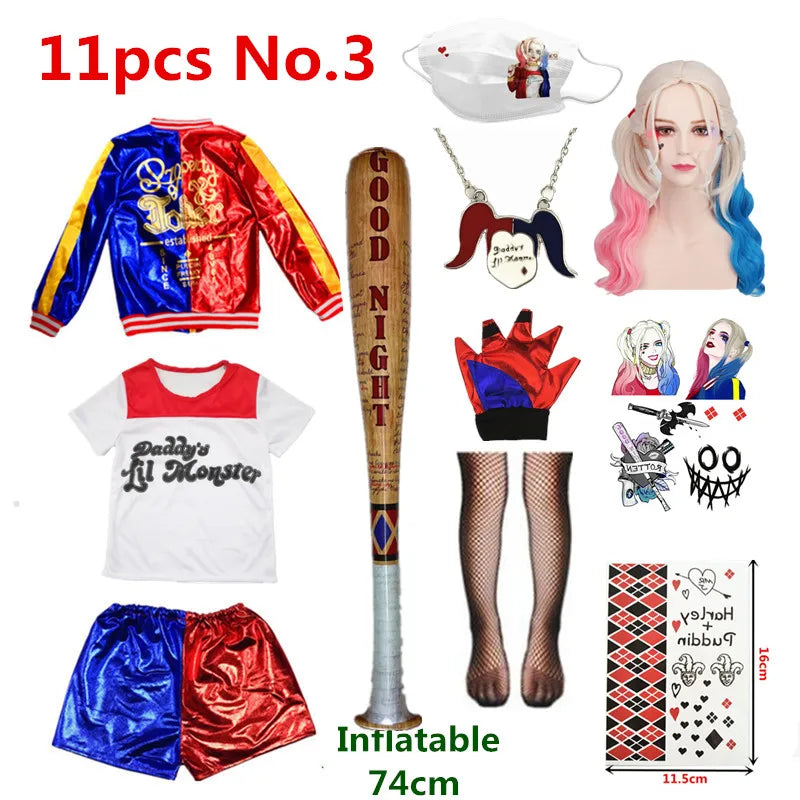 Harley Costumes Cosplay Suicide Harleen Quinzel Kids Girls Quinn Squad T Shirt Joker Jacket Halloween Costume