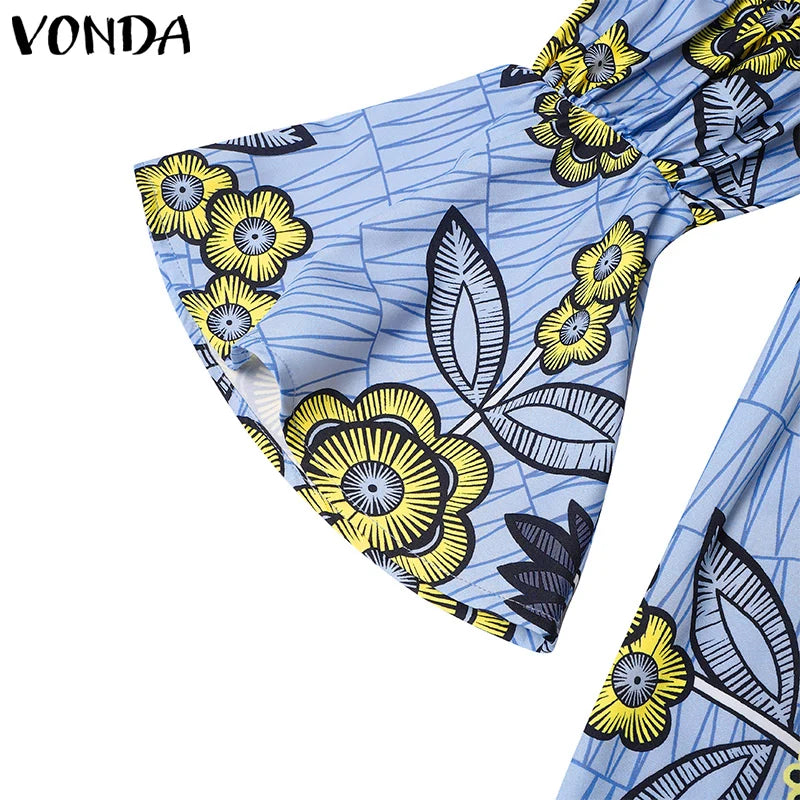 Plus Size VONDA Bohemian Women Flared Long Sleeve Maxi Dress Casual Vestidos Round Neck Loose Print Sundress Ruffles Long Robes