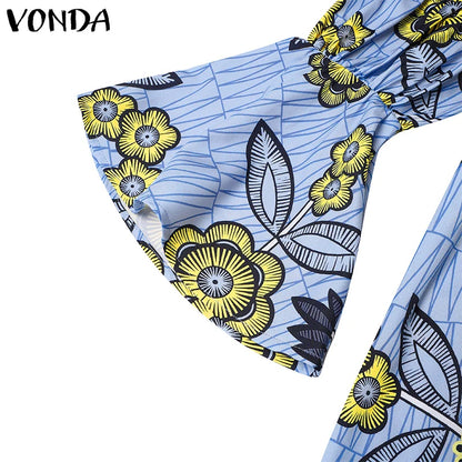 Plus Size VONDA Bohemian Women Flared Long Sleeve Maxi Dress Casual Vestidos Round Neck Loose Print Sundress Ruffles Long Robes
