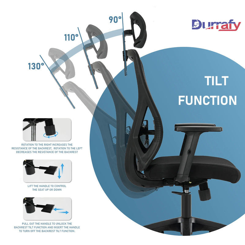 Durrafy Ergonomic Office Chair, Office Chairs, Desk Chair with adjustable headrest, Armrests, 150KG load capacity, Black