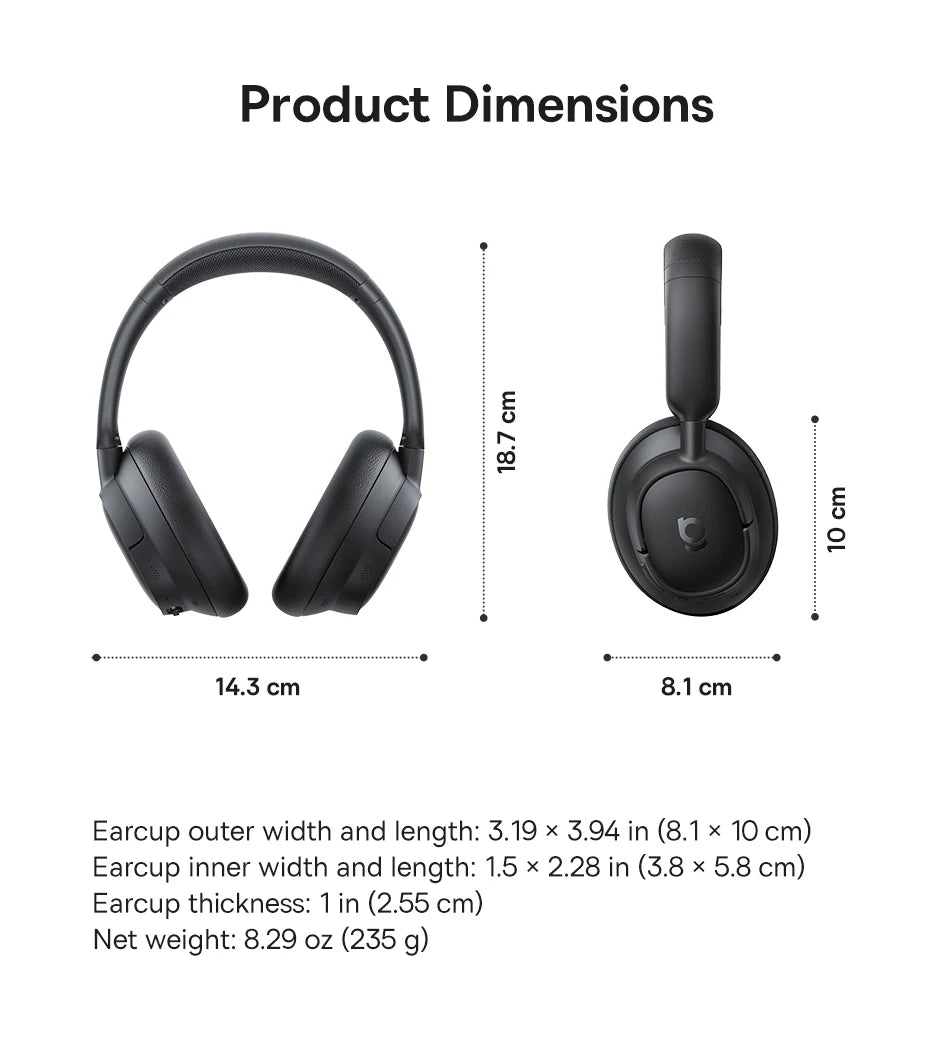 Fone de Ouvido Sem Fio Baseus EH10 NC ANC com Cancelamento de Ruído Híbrido Adaptativo de 45dB, Hi-Res LDAC, Bluetooth 6.0 e 80 Horas de Autonomia