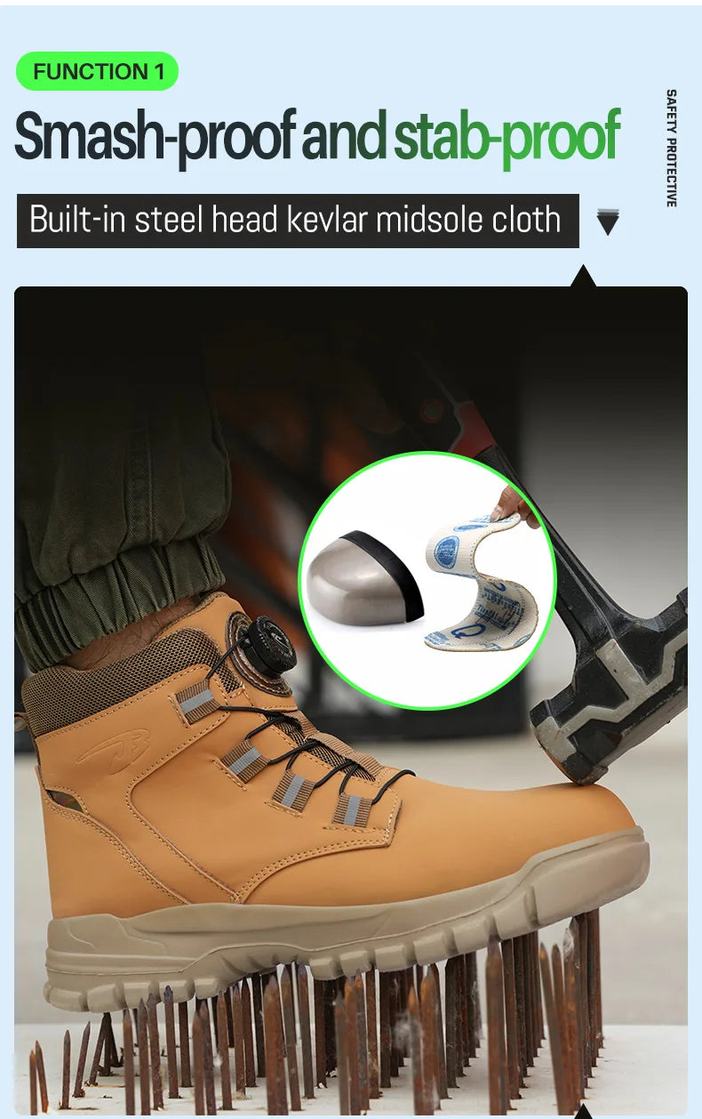 Rotating Button Work Shoes for Men Anti Puncture Work Sneakers Waterproof Work Safety Shoes Non Slip Steel Toe Tactical Boots