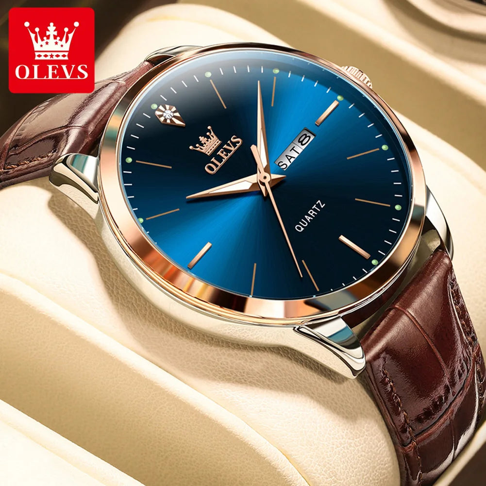 OLEVS 2935 Dual Calendar Quartz Dress Watch For Men Simple Original Leather Men's Watches Waterproof Luminous Business Hand Clock