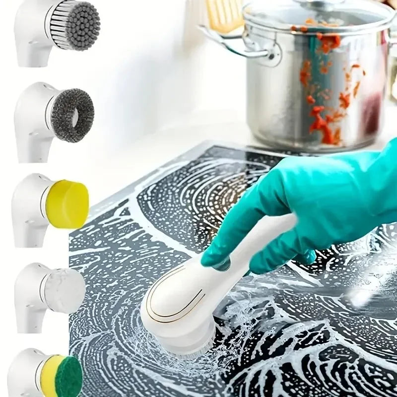 Cepillo de limpieza eléctrico multifuncional cinco en uno, herramientas para el baño y la cocina. 