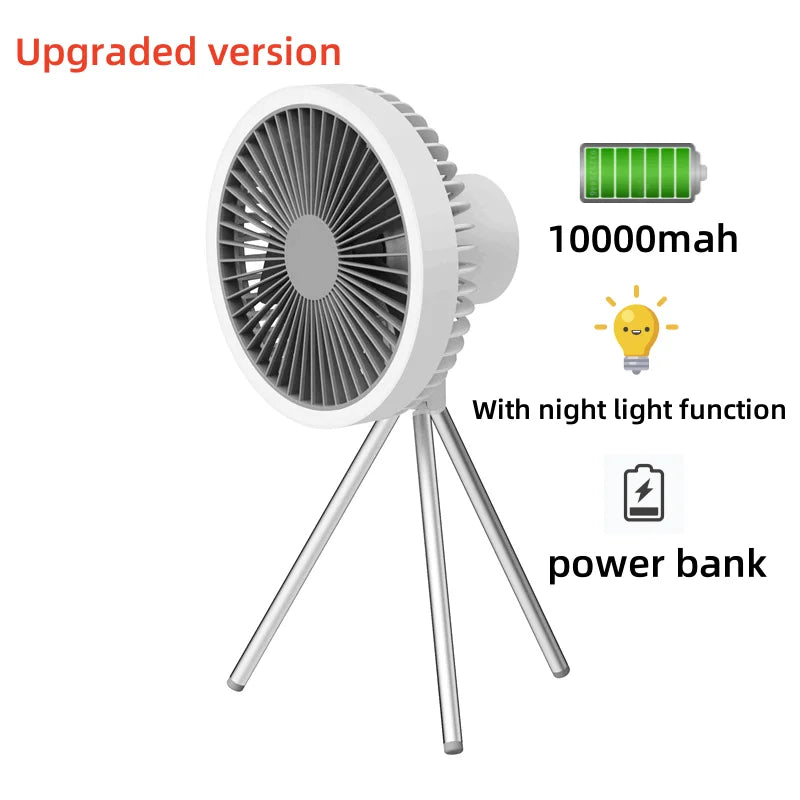 2024 New Portable Tripod Camping Fan 10000mAh USB Rechargeable Multifunctional Mini Outdoor Tent Wireless Ceiling Electric Fan