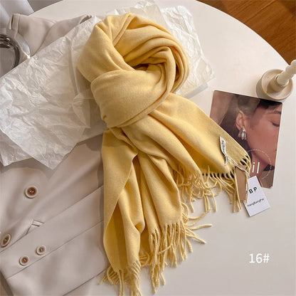 New Winer Warm Cashmere Scarf for Women Fashion Solid Thick Blanket Pashmina Shawl Wrap Female Bufanda Echarpe Foulard 2024