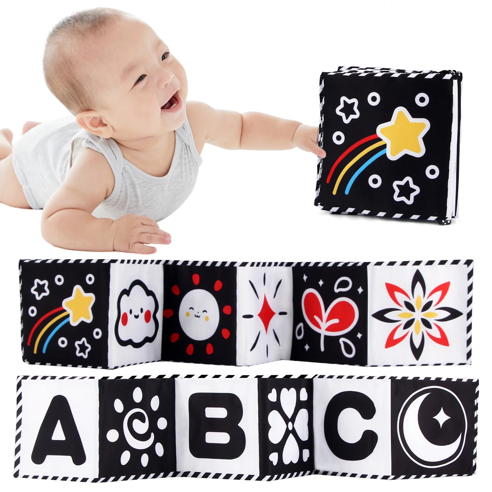 Livro de Pano de Alto Contraste para Bebês (0M+) – Brinquedos Sensoriais em Preto e Branco com Temática de Animais para Berço e Método Montessori