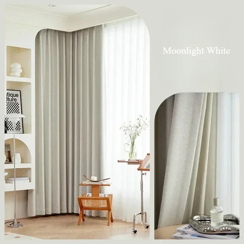 Herringbone Chenille Beige Thickened Blackout Curtains for Living Room Dining Room Bedroom Solid Color Luxury Curtains Custom