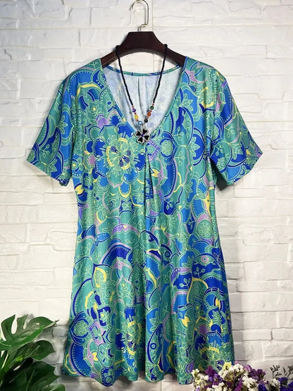 Vestido peplum de talla grande: elegante vestido casual de manga corta con cuello en V, ligeramente elástico y estampado aleatorio: perfecto para primavera 