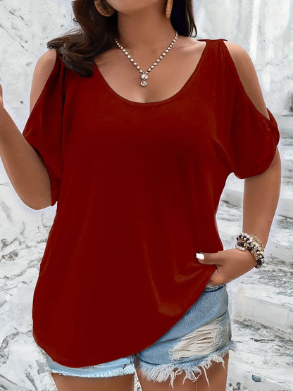 Camiseta feminina plus size com ombro frio, casual, solta, verão, com recortes da moda