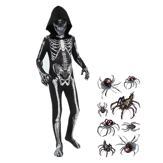 Scary Halloween Horror Kids Hooded Costume Scary Skeleton Grim Reaper Costume Boys Spooky Costume Mardi Gras Party Costume