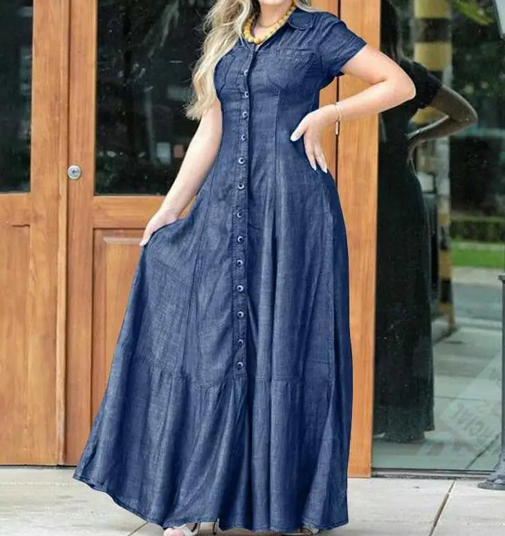 Womens Dresses 2023 Summer Fashion Solid Color Lapel Short Sleeve Daily Swing Single-Breasted Denim Maxi Shirt Dress