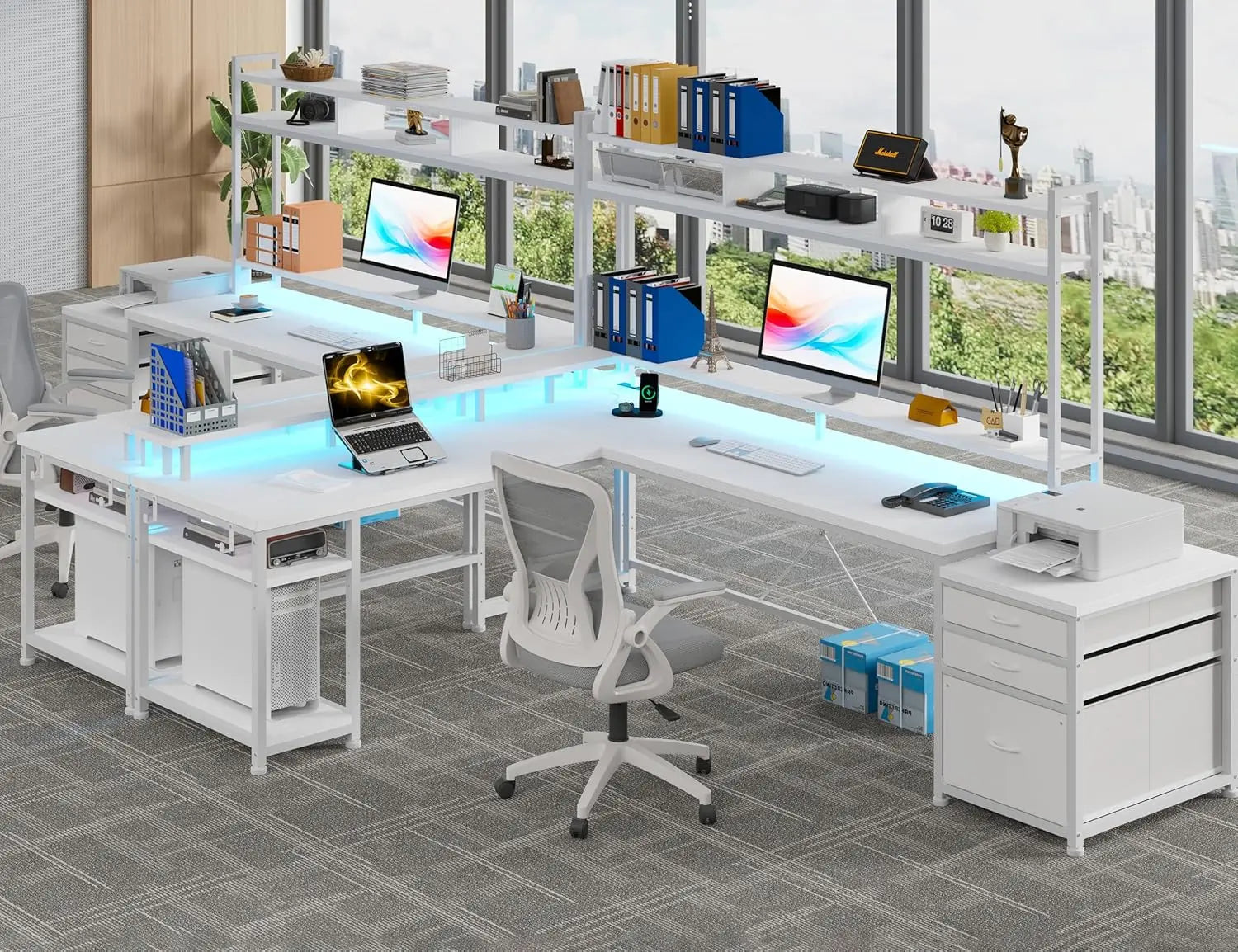 Escritorio para juegos en forma de L EnHomee con cajones, reversible, de 167 cm, para oficina en casa, con luz LED y tomas de corriente, color blanco.