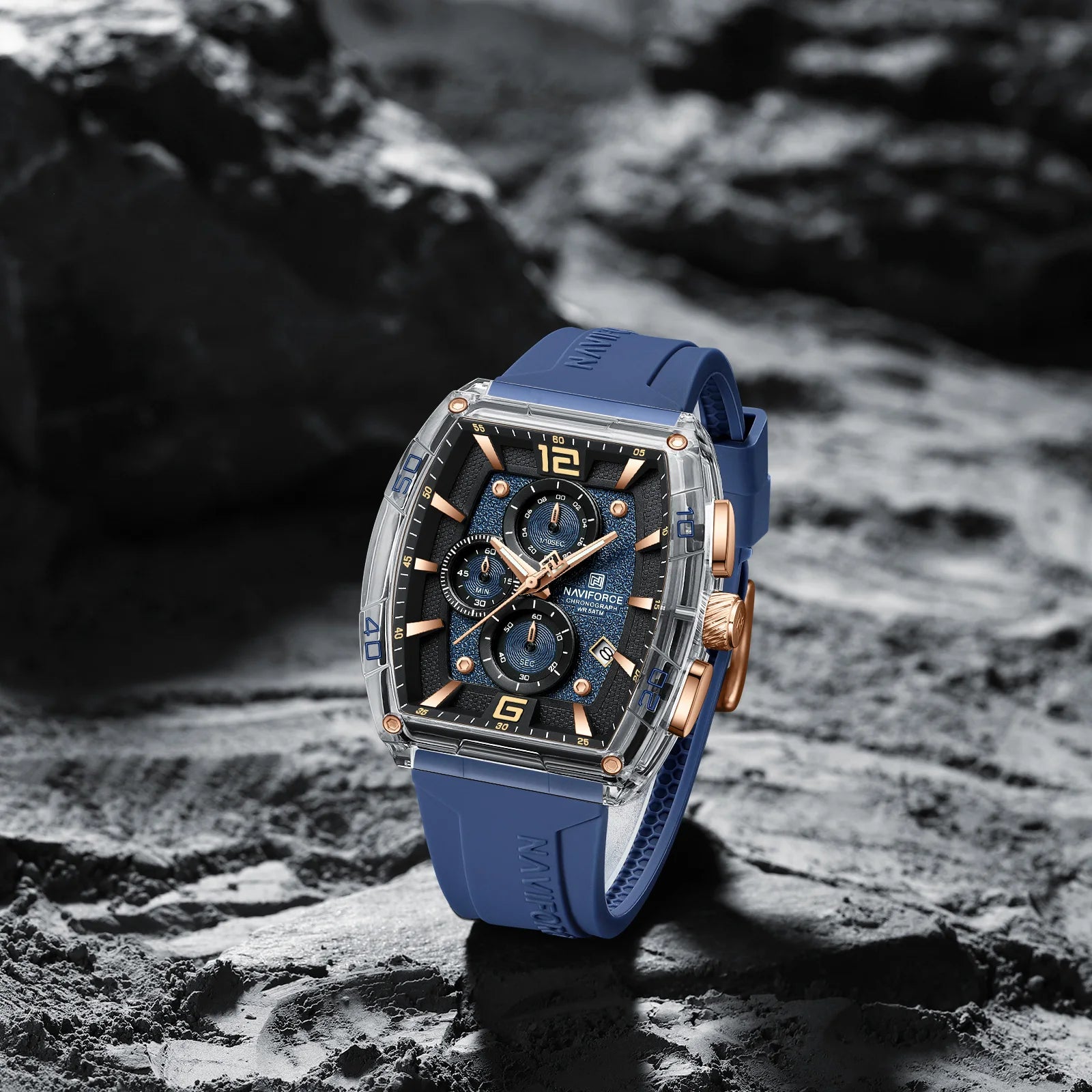 NAVIFORCE 6101 Casual Men's Quartz Watch Tonneau Dial Luminous Waterproof Silicone Strap Outdoor Sports Fashion Watches for Men