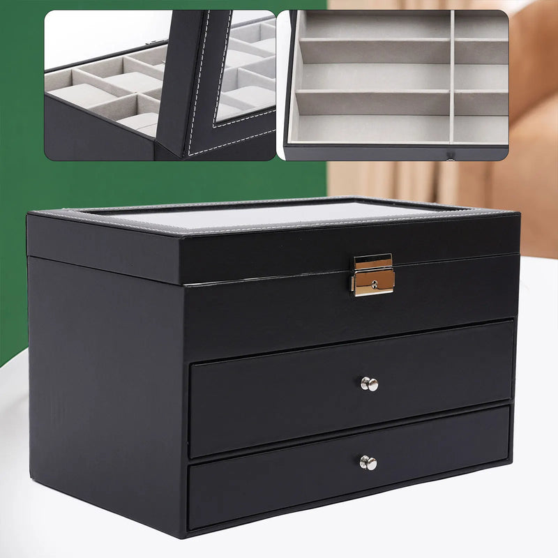 Caja de 3 capas de cuero negro para reloj y gafas de sol, joyero para hombre y mujer, organizador de reloj, collar, anillo, almacenamiento de pendientes