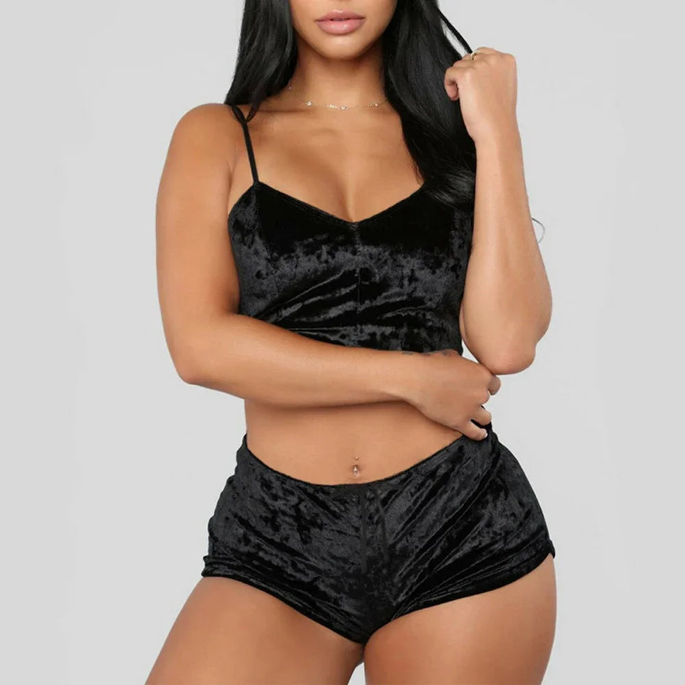 Women's Velvet Sleeveless V-neck Underwear Polyester Set Camisole+Shorts Pajamas Set Comfortable Home Clothes Top Pants