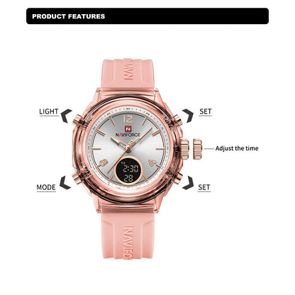 Relojes NAVIFORCE para mujer, nuevo diseño, esfera pequeña, deportivos, para mujer, resistente al agua hasta 5 ATM, reloj de pulsera de cuarzo con pantalla LCD digital, reloj para mujer