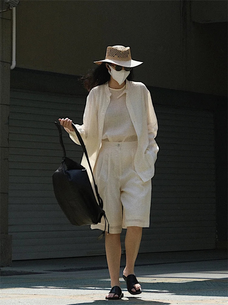 HanOrange 2024 Summer Lazy Linen Casual Knee Length Pants Women Loose Thin Anti-transparent A-line Profile Five Cents Trousers