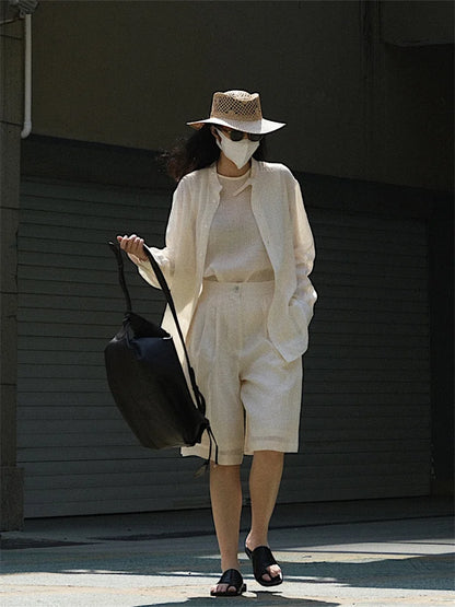HanOrange 2024 Summer Lazy Linen Casual Knee Length Pants Women Loose Thin Anti-transparent A-line Profile Five Cents Trousers