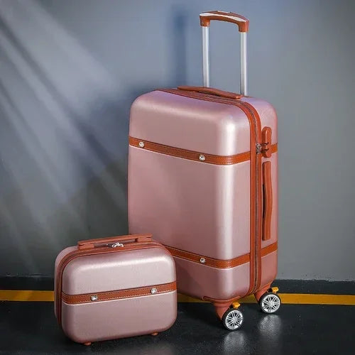Rolling Luggage Set Women's Fashion Combination Lock Travel Suitcase Set Universal Cosmetic Bag Retro 2-Piece Trolley Luggage Set
