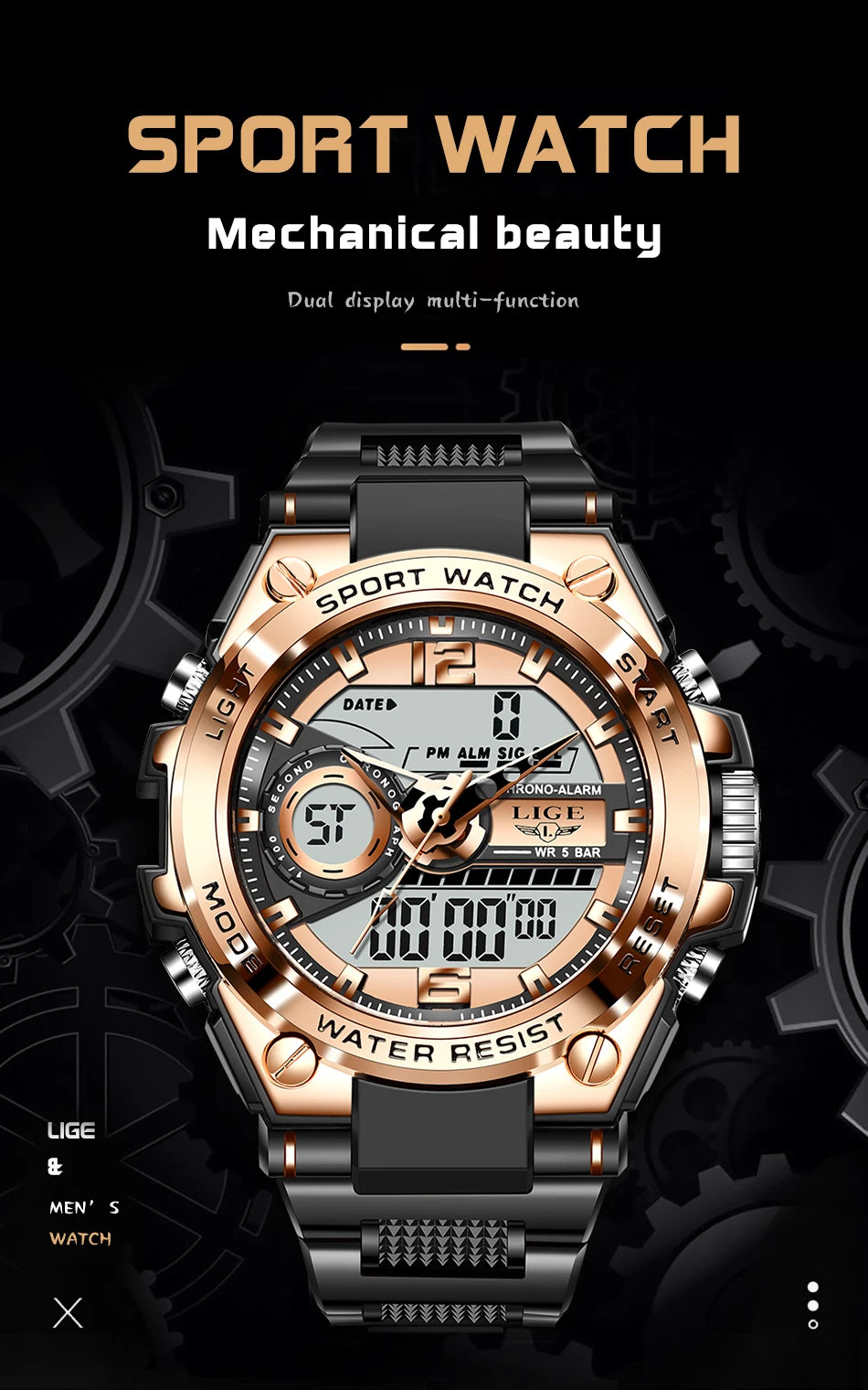 Reloj militar LIGE para hombre, digital, resistente al agua hasta 50 m, LED, de cuarzo, deportivo, grande, Masculino