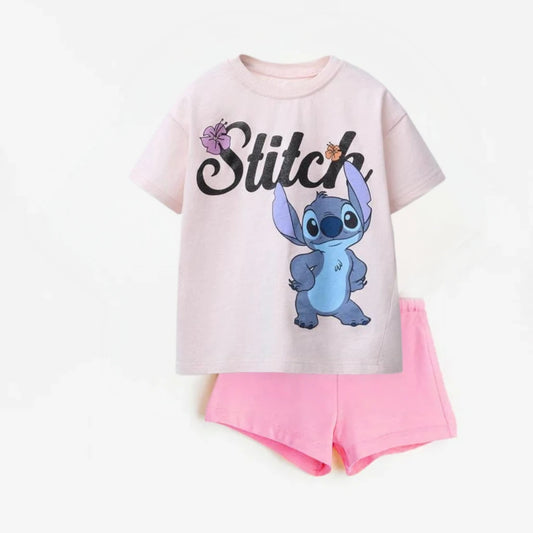 Girls' Pink T-shirt + Shorts Cute 2-Piece Set Summer Clothing Short Sleeve Tracksuits Cartoon Print Tees Children's Casual Loose Suit