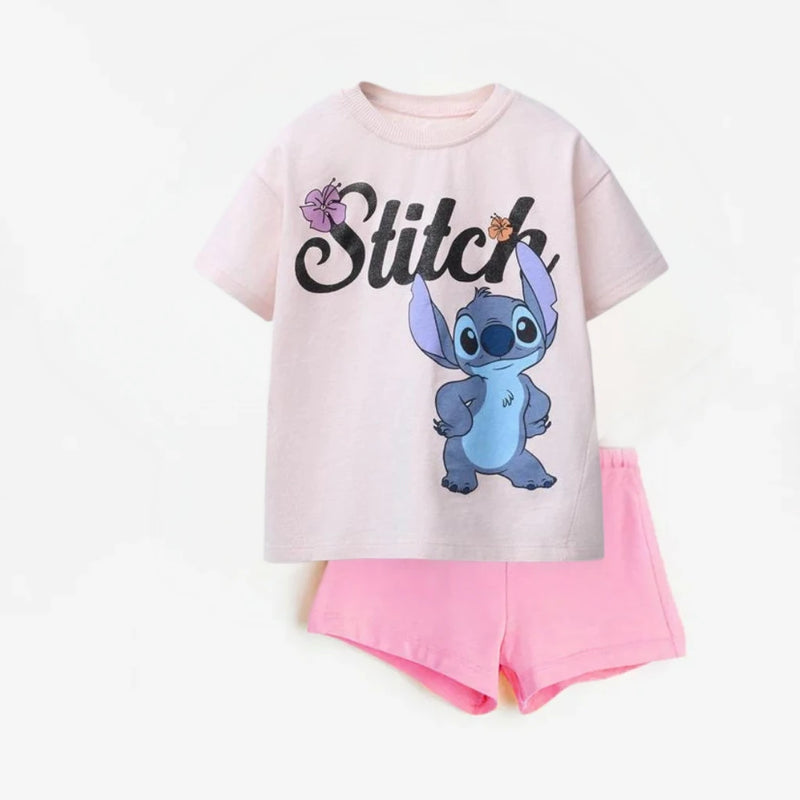 Girls Pink Tshirt +Shorts Cute 2Piece/Set Summer Clothing Short Sleeve Tracksuits Cartoon Print Tees Children Casual Loose Suit