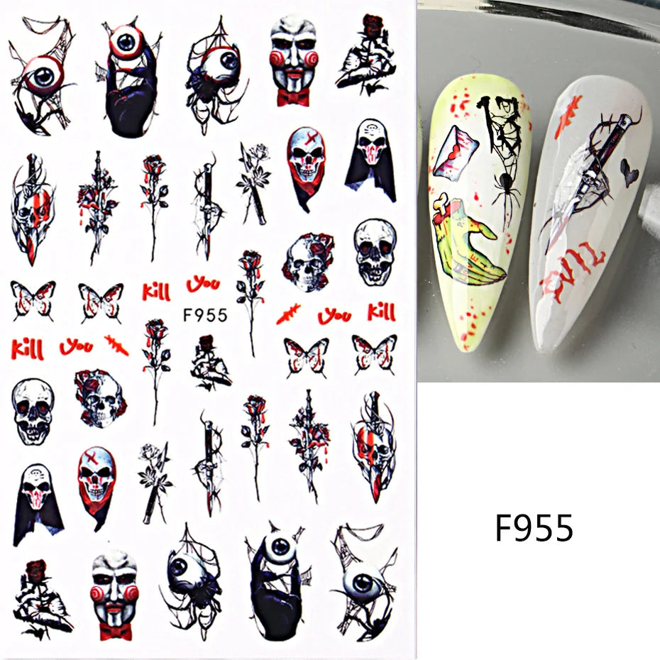 Cinturón negro 5D pegatinas en relieve gótico Halloween estilete calabaza calavera telaraña cremallera manicura uñas gel autoadhesivo decoración