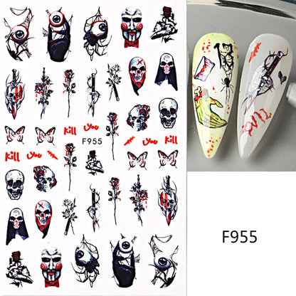 Cinturón negro 5D pegatinas en relieve gótico Halloween estilete calabaza calavera telaraña cremallera manicura uñas gel autoadhesivo decoración