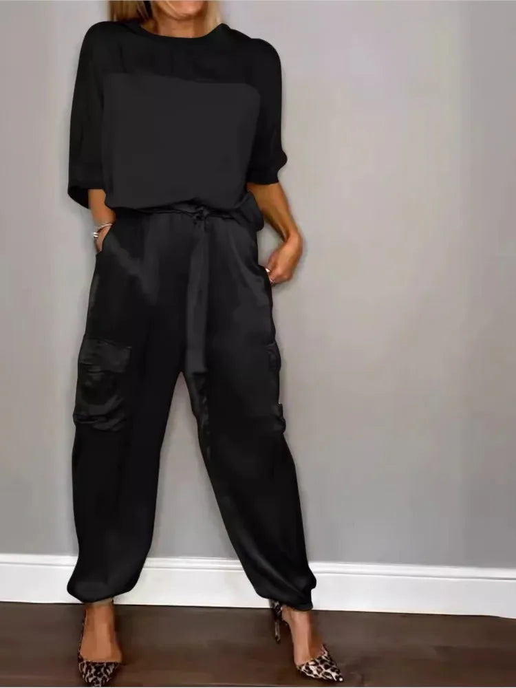 Conjunto de dos piezas de satén de color liso para mujer, moda de primavera y verano, nuevo conjunto de dos piezas con cuello redondo, manga larga, pantalones largos, informal y holgado.